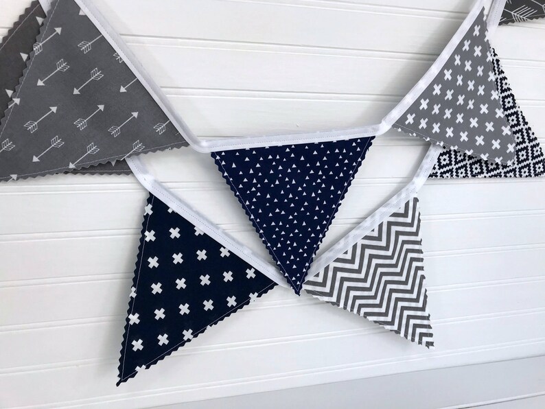 Arrows Fabric Bunting Banner Garland, Blue and Gray Woodland Nursery Decor, Party Banner Bunting Navy Blue and Gray Woodland Arrows image 10