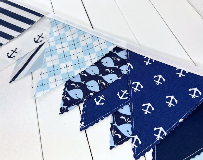 Whale and Anchors Garland Banner Fabric Bunting, Ocean Nursery Décor, Nautical Baby Shower Banner Dark Blue and Light Blue Anchors Whales image 1