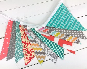 Baby Girl Nursery Decor Fabric Bunting Fabric Banner Nursery Banner Nursery Bunting Turquoise Gray Coral