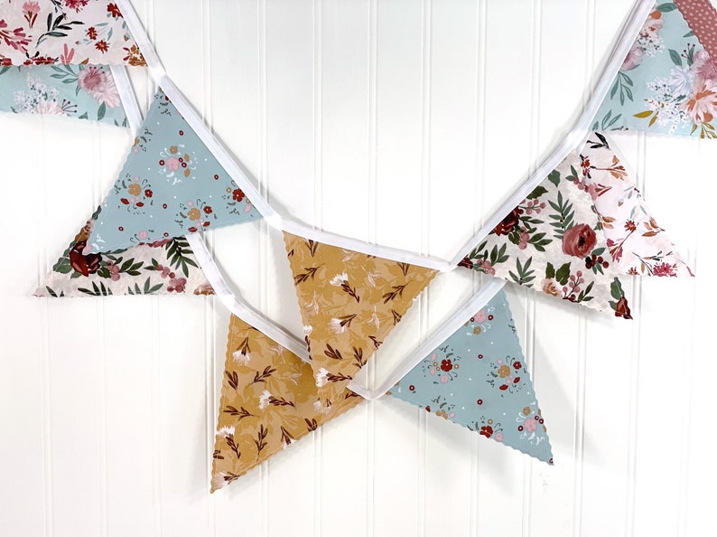 Wildflowers Bunting Banner Garland, Boho Nursery Decor, Coquette Aesthetic Room Decor Blush Pink, Gold, and Green Vintage Floral image 2