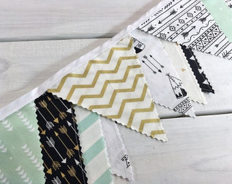 Woodland Nursery Baby Boy Nursery Decor Teepee Bunting Fabric Banner Fabric Bunting Baby Bunting Tribal Gold Black Mint Arrow