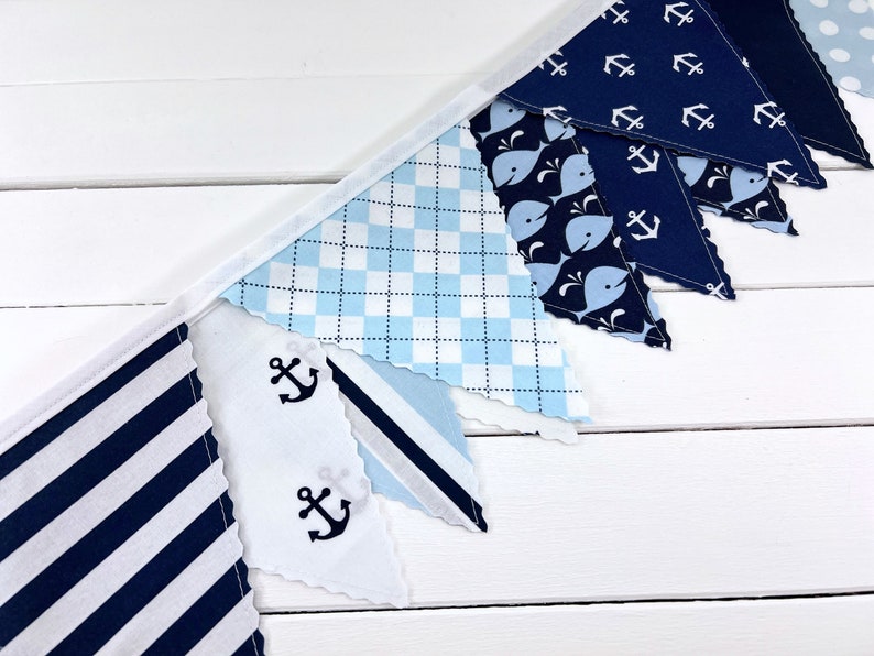 Whale and Anchors Garland Banner Fabric Bunting, Ocean Nursery Décor, Nautical Baby Shower Banner Dark Blue and Light Blue Anchors Whales image 4