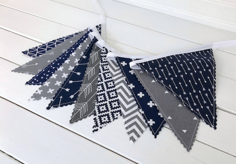 Arrows Fabric Bunting Banner Garland, Blue and Gray Woodland Nursery Decor, Party Banner Bunting Navy Blue and Gray Woodland Arrows image 1