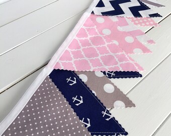 Bunting Fabric Banner Nautical Anchor Baby Girl Nursery Decor Baby Shower Fabric Bunting Pink Gray Grey Navy Blue