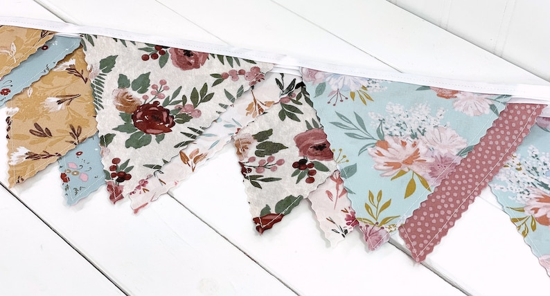 Wildflowers Bunting Banner Garland, Boho Nursery Decor, Coquette Aesthetic Room Decor Blush Pink, Gold, and Green Vintage Floral image 8