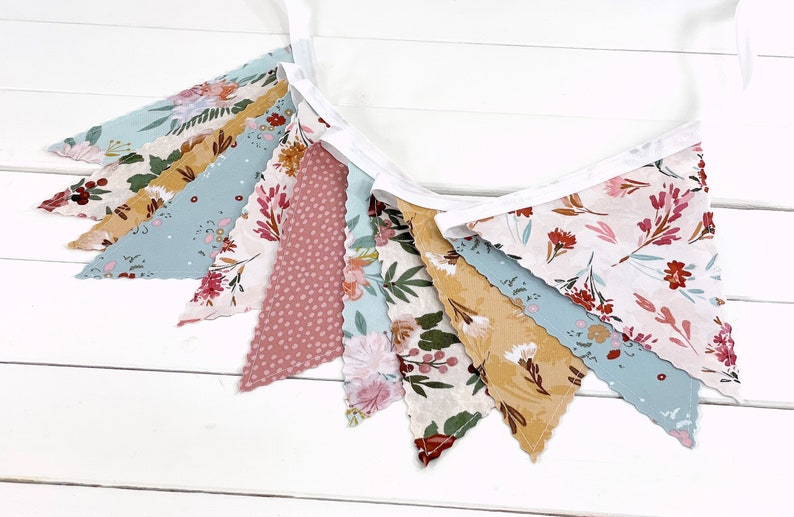 Wildflowers Bunting Banner Garland, Boho Nursery Decor, Coquette Aesthetic Room Decor Blush Pink, Gold, and Green Vintage Floral image 7