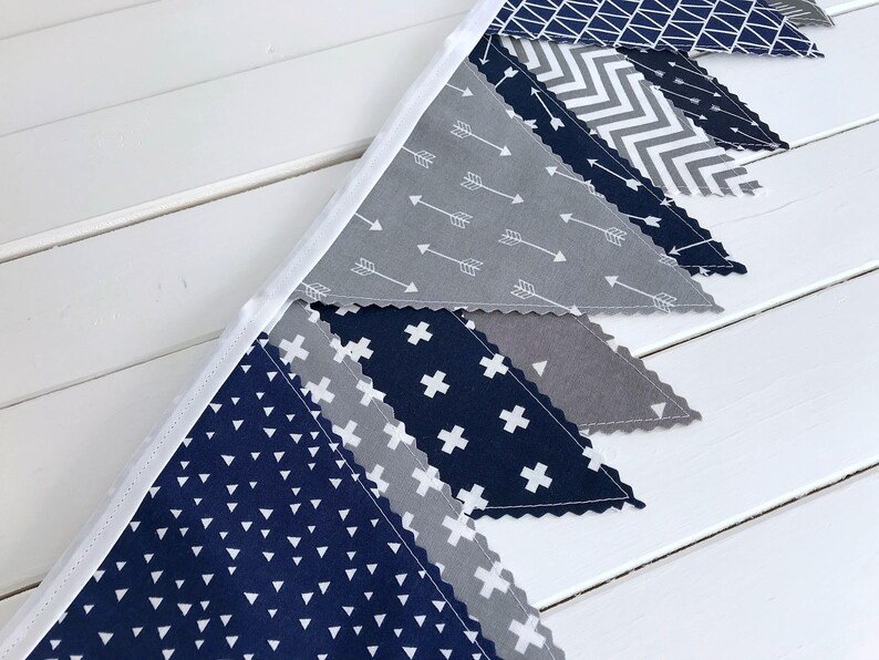 Arrows Fabric Bunting Banner Garland, Blue and Gray Woodland Nursery Decor, Party Banner Bunting Navy Blue and Gray Woodland Arrows image 6