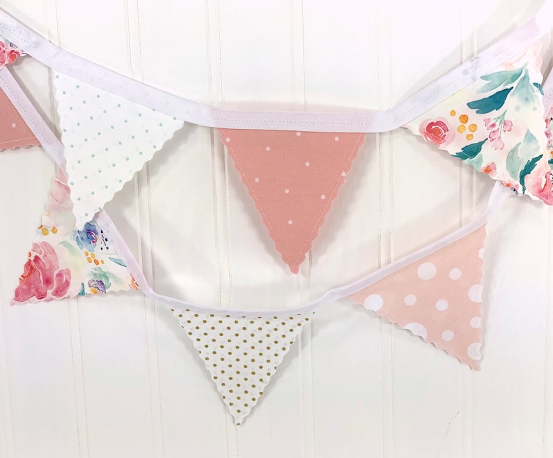 WildFlowers Garland Mini Bunting Banner, Floral Baby Shower Banner Blush Pink, Gold, Mint Indy Bloom Watercolors Flowers image 4