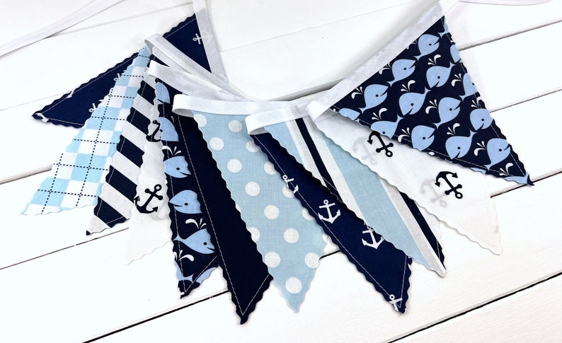 Whale and Anchors Garland Banner Fabric Bunting, Ocean Nursery Décor, Nautical Baby Shower Banner Dark Blue and Light Blue Anchors Whales image 5