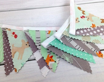 Woodland Garland Banner Bunting, Fox Nursery Decor, Deer Baby Shower Decor - Mint and Gray Woodland Animals