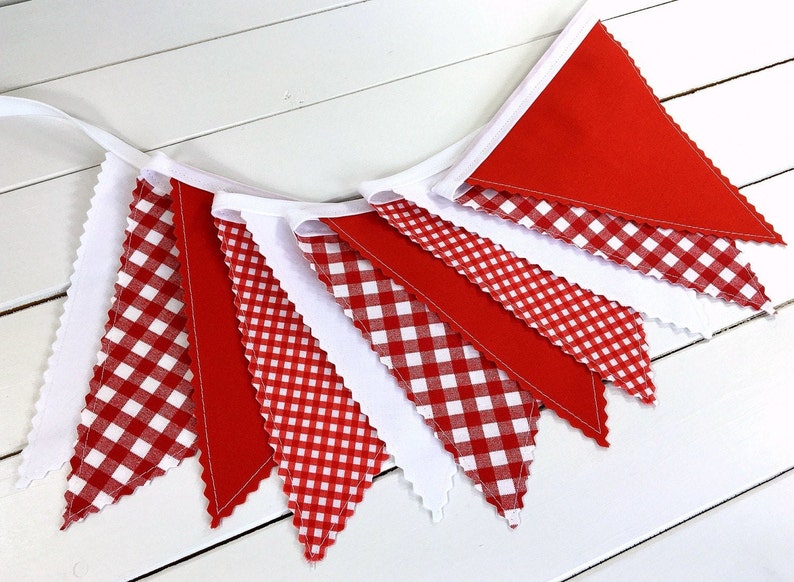 Fabric Bunting, Picnic or Barbecue Decor Baby-Q Red and White Gingham image 1