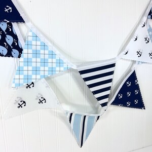 Whale and Anchors Garland Banner Fabric Bunting, Ocean Nursery Décor, Nautical Baby Shower Banner Dark Blue and Light Blue Anchors Whales image 3