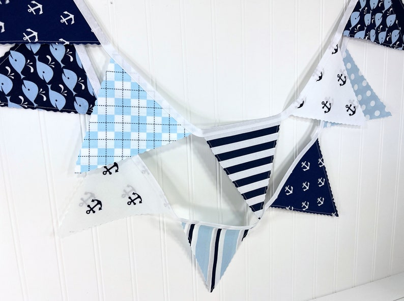 Whale and Anchors Garland Banner Fabric Bunting, Ocean Nursery Décor, Nautical Baby Shower Banner Dark Blue and Light Blue Anchors Whales image 3