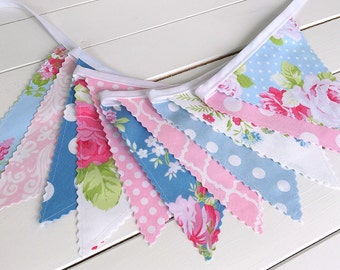 Coquette Aesthetic Room Decor, Flower Garland, Baby Shower Banner, Fabric Bunting Banner - Pink and Blue Flowers and Roses