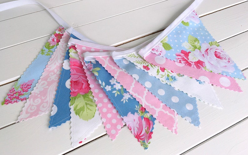 Floral Baby Girl Nursery Decor Shabby Chic Fabric Bunting Banner Flags Girl Baby Shower Banner Pink and Blue Flowers and Roses
