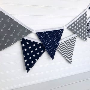 Arrows Fabric Bunting Banner Garland, Blue and Gray Woodland Nursery Decor, Party Banner Bunting Navy Blue and Gray Woodland Arrows image 9