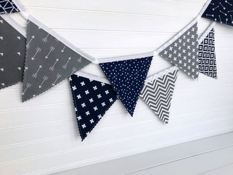 Arrows Fabric Bunting Banner Garland, Blue and Gray Woodland Nursery Decor, Party Banner Bunting Navy Blue and Gray Woodland Arrows image 9
