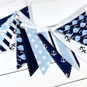 Whale and Anchors Garland Banner Fabric Bunting, Ocean Nursery Décor, Nautical Baby Shower Banner Dark Blue and Light Blue Anchors Whales image 2