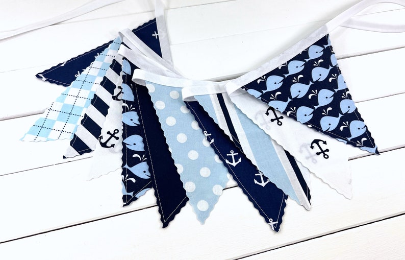 Whale and Anchors Garland Banner Fabric Bunting, Ocean Nursery Décor, Nautical Baby Shower Banner Dark Blue and Light Blue Anchors Whales image 2