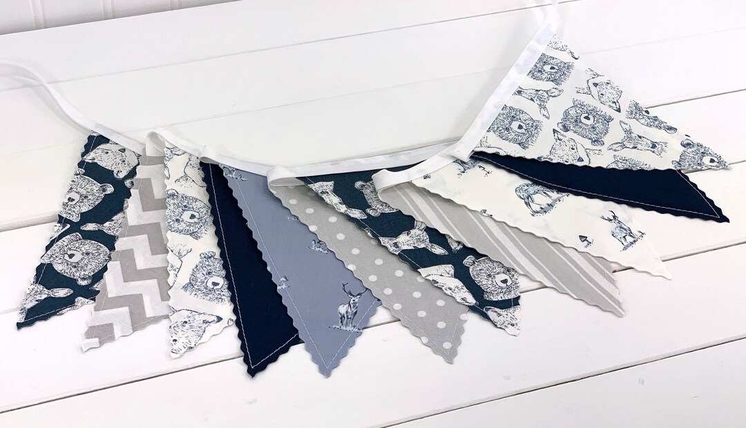 Woodland Nursery Decor, Garland Banner Bunting, Nursery Garland Gray and Navy Blue Deer, Foxes