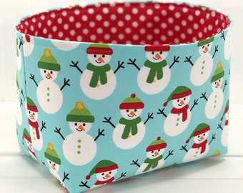 Holiday Storage Basket Organizer Fabric Bin, Christmas Decor, Holiday Decor - Red, Green and Aqua Blue Snowman