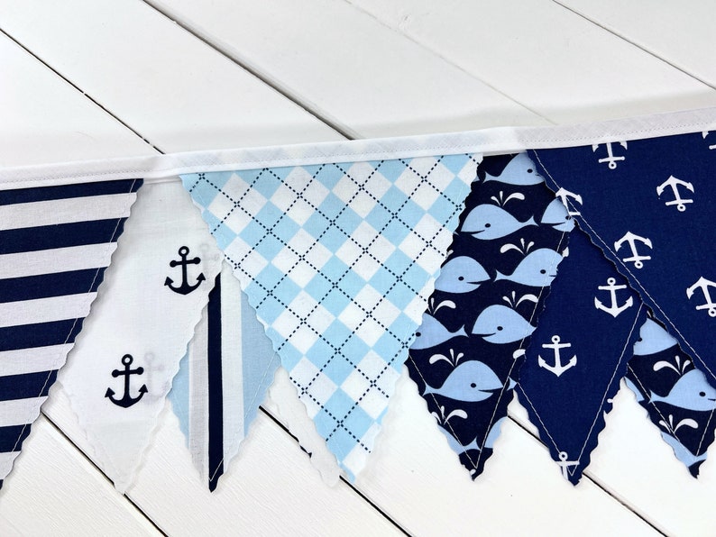 Whale and Anchors Garland Banner Fabric Bunting, Ocean Nursery Décor, Nautical Baby Shower Banner Dark Blue and Light Blue Anchors Whales image 10