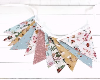 Wildflowers Bunting Banner Garland, Boho Nursery Decor, Coquette Aesthetic Room Decor - Blush Pink, Gold, and Green Vintage Floral