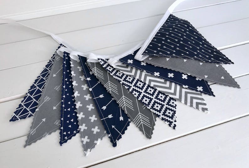 Arrows Fabric Bunting Banner Garland, Blue and Gray Woodland Nursery Decor, Party Banner Bunting Navy Blue and Gray Woodland Arrows image 2