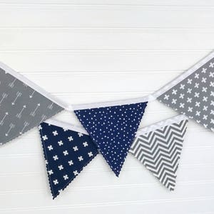 Arrows Fabric Bunting Banner Garland, Blue and Gray Woodland Nursery Decor, Party Banner Bunting Navy Blue and Gray Woodland Arrows image 8