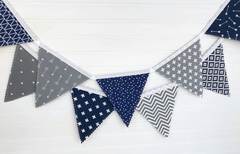 Arrows Fabric Bunting Banner Garland, Blue and Gray Woodland Nursery Decor, Party Banner Bunting Navy Blue and Gray Woodland Arrows image 8