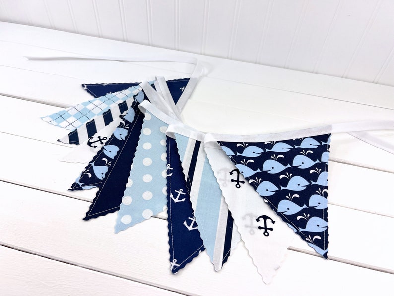 Whale and Anchors Garland Banner Fabric Bunting, Ocean Nursery Décor, Nautical Baby Shower Banner Dark Blue and Light Blue Anchors Whales image 8