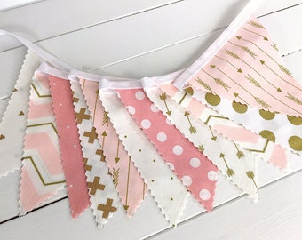 Boho Garland Banner, Baby Shower Banner, Party Banner - Gold and Blush Pink Arrows