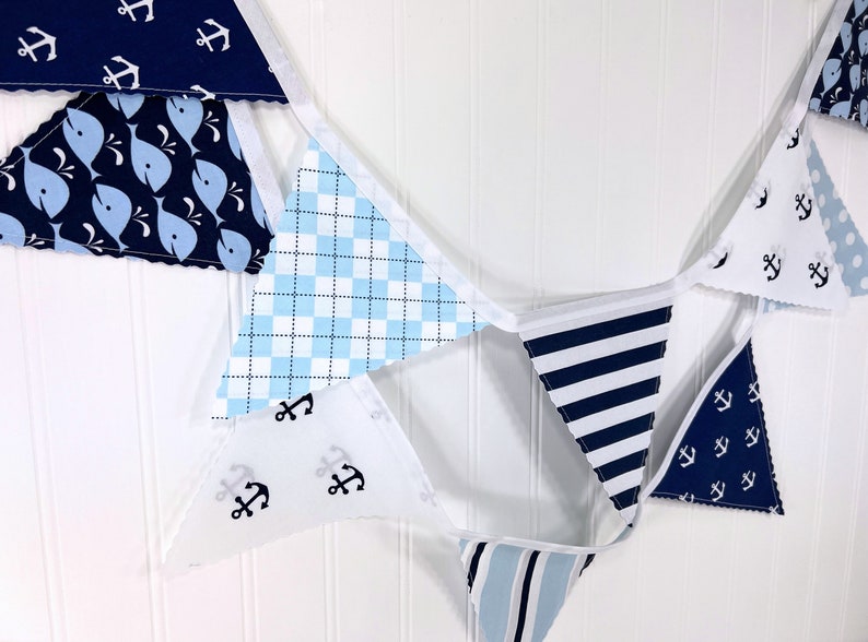 Whale and Anchors Garland Banner Fabric Bunting, Ocean Nursery Décor, Nautical Baby Shower Banner Dark Blue and Light Blue Anchors Whales image 6