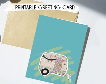 Cute Camper Mixed Media Printable Greeting Card Digital Alternative Blank Any Occasion Art