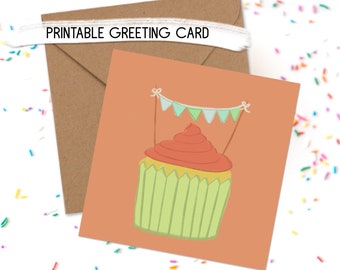 Cupcake with Banner Art Printable Square Greeting Card Digital Alternative Happy Birthday