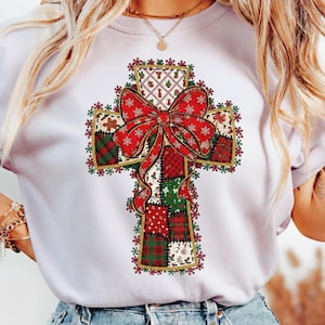 Cruz navideña PNG, sublimación de patchwork, clipart de Navidad, lazo navideño PNG, coqueta navideña cristiana PNG, lazo vintage imprimible