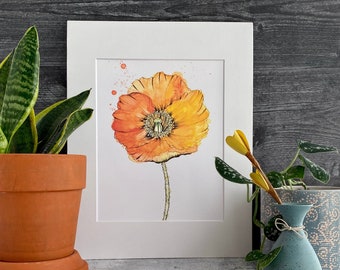 California poppy watercolor painting | orange poppy painting | office decor | office art | floral art | wall decor