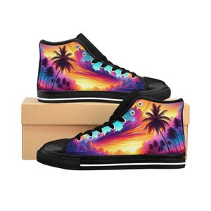 Mens Sneakers, Colorful Beach Scene with Palm Trees at Sunset, Tropical Sunset Design, Beach Lover Gift, Summer Sneakers