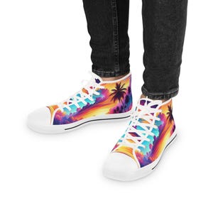 Beach Sunset Men&#39;s Shoes, White Soles, Tropical Palm Tree Sneakers, Ocean Wave Footwear, Summer , Coastal Vacation Athletic Wear