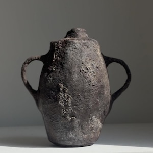 handcrafted black paper mache vase, wabi sabi japandi decor, organic mediterranean-inspired minimalist accent