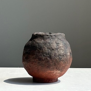 handcrafted dark paper mache moon jar vase, wabi sabi japandi decor, organic earthy minimalist accent
