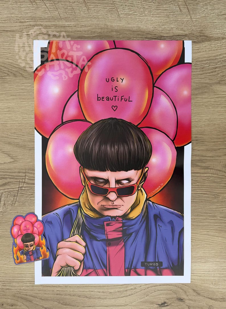 May include: A rectangular art print and a matching sticker featuring a person with a bowl cut hairstyle, wearing red-rimmed sunglasses and a blue and pink jacket. The person is surrounded by pink balloons, one with the text UGLY iS beAuTiFuL.