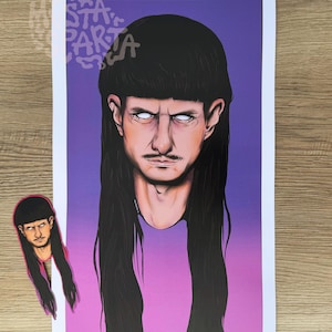 May include: A rectangular art print and a matching die-cut sticker featuring a digital illustration of a person with long black hair, a blunt fringe, and glowing white eyes. The background is a vertical gradient transitioning from purple to pink.