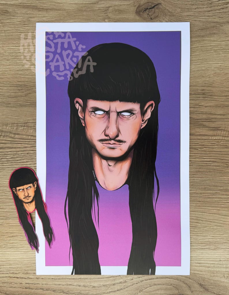 May include: A rectangular art print and a matching die-cut sticker featuring a digital illustration of a person with long black hair, a blunt fringe, and glowing white eyes. The background is a vertical gradient transitioning from purple to pink.