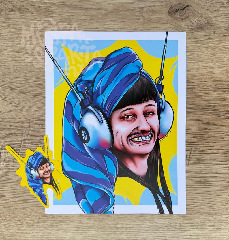 May include: A rectangular art print and a matching die-cut sticker featuring a digital illustration of a person with dark hair wearing a blue and purple striped towel wrap on their head and large white headphones, set against a bright yellow background.