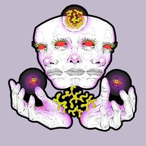 Maximalist Eclectic Original Artwork Wall Art 5x7 Print - Creepy Head with Multiple Faces and Disembodied Hands Holding Orbs with Eyeballs