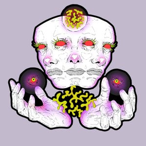 Maximalist Eclectic Original Artwork Wall Art 8.5x11 Print - Creepy Head with Multiple Faces Disembodied Hands Holding Orbs with Eyeballs