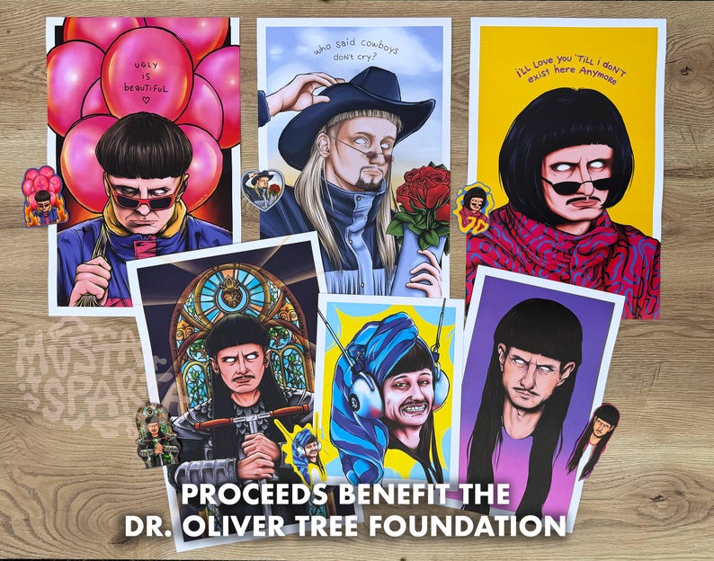 May include: A collection of six rectangular art prints and five small stickers featuring illustrations of a person with a bowl cut hairstyle. The prints display various colourful scenes and text including "ugly is beautiful", "who said cowboys don't cry?", and "I'll love you 'till I don't exist here anymore".
