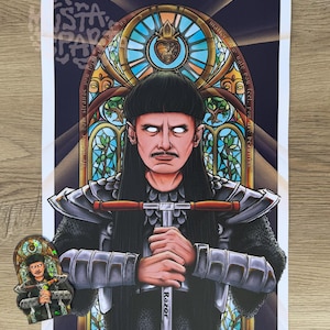 May include: A rectangular art print and a matching sticker featuring a person with a dark bowl cut and white eyes, wearing silver armour. The person holds a silver Razor scooter handlebar. The background is a stained glass window with blue and gold.