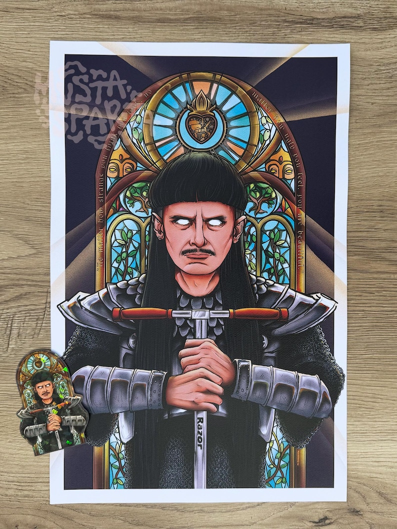 May include: A rectangular art print and a matching sticker featuring a person with a dark bowl cut and white eyes, wearing silver armour. The person holds a silver Razor scooter handlebar. The background is a stained glass window with blue and gold.